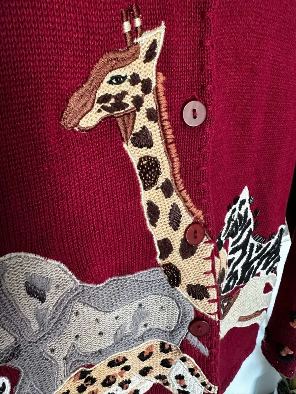 VTG Women's Burgundy Animal-Print Button Cardigan embroidered studded